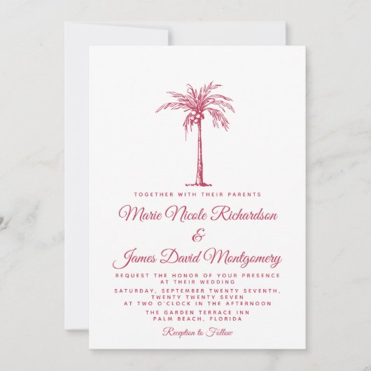 Elegant Magenta Palm Formal Beach Wedding Kaart (Voorkant)
