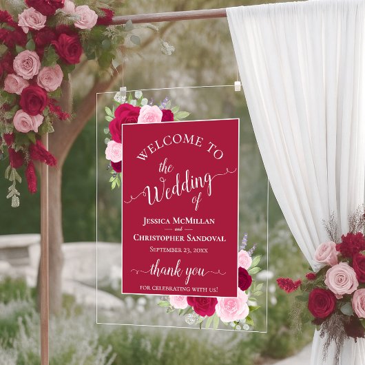 Elegant Magenta & Pink Boho Roses Wedding Welcome Acryl Bord