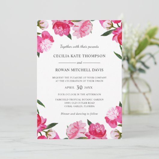 Elegant Magenta Pink Peony Wedding Invitation Kaart (Staand voorkant)