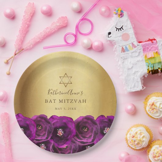 Elegant Magenta Pink Rose Floral Gold Bat Mitzvah Papieren Bordje (Feest)