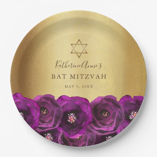 Elegant Magenta Pink Rose Floral Gold Bat Mitzvah Papieren Bordje (Voorkant)