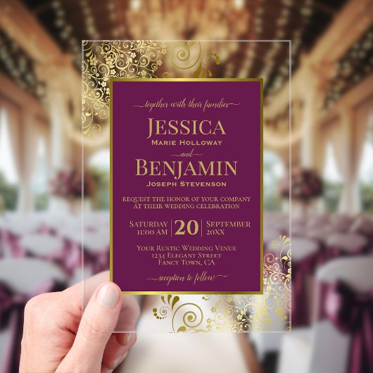 Elegant Magenta Plum & Gold Stylish Text Wedding Acryl Uitnodigingen