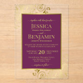 Elegant Magenta Plum & Gold Stylish Text Wedding Acryl Uitnodigingen (Voorkant)