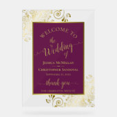 Elegant Magenta Plum & Gold Wedding Welcome Acryl Bord (Voorkant)