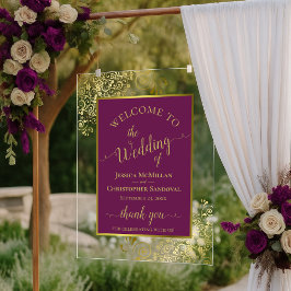 Elegant Magenta Plum & Gold Wedding Welcome Acryl Bord