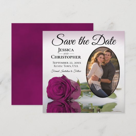 Elegant Magenta Plum Roos met Ovaal Fotohuwelijk Save The Date (Voorkant / Achterkant)