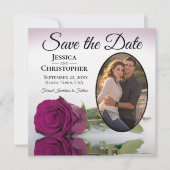 Elegant Magenta Plum Roos met Ovaal Fotohuwelijk Save The Date (Voorkant)