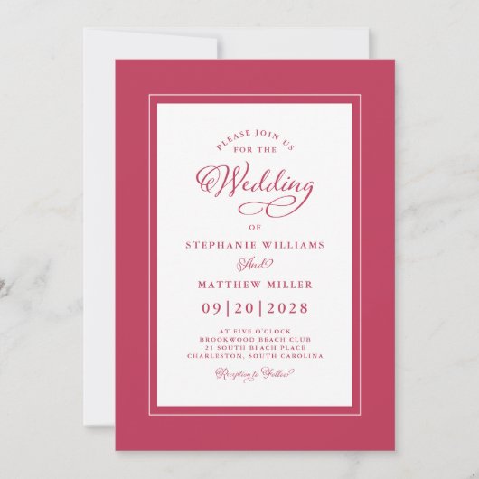 Elegant Magenta Red Modern Calligraphy Wedding Kaart (Voorkant)