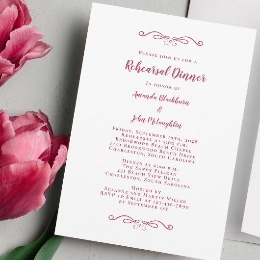 Elegant Magenta Red Wedding Rehearsal Dinner Kaart