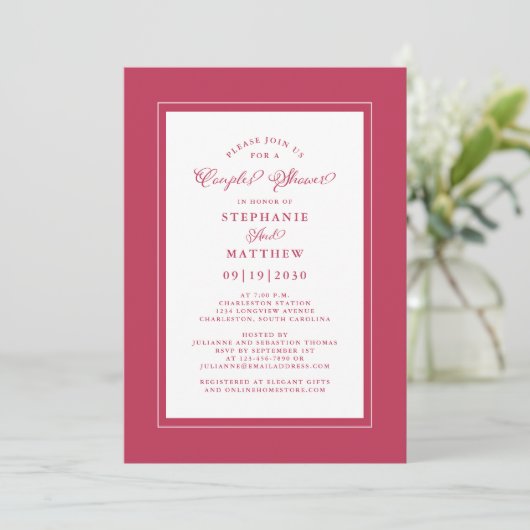 Elegant Magenta Red White Wedding Couples Shower Kaart (Staand voorkant)