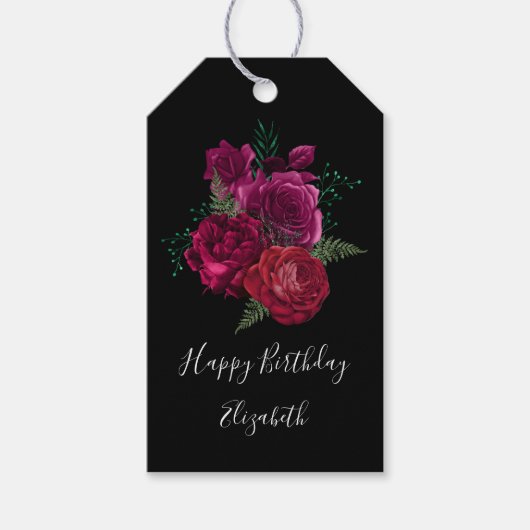 Elegant Magenta Roos Floral Bouquet Birthday Cadeaulabel (Voorkant)