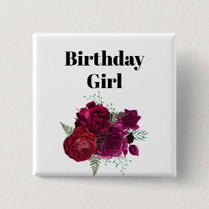 Elegant Magenta Roos Floral Bouquet Birthday Girl Vierkante Button 5,1 Cm