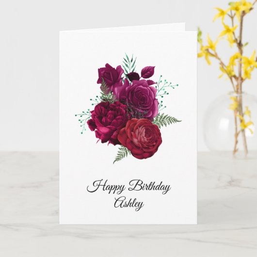 Elegant Magenta Roos Floral Bouquet Birthday Kaart (Gele Bloem)