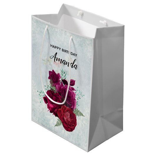 Elegant Magenta Roos Floral Bouquet Birthday Medium Cadeauzakje (Voorkant Gekanteld)