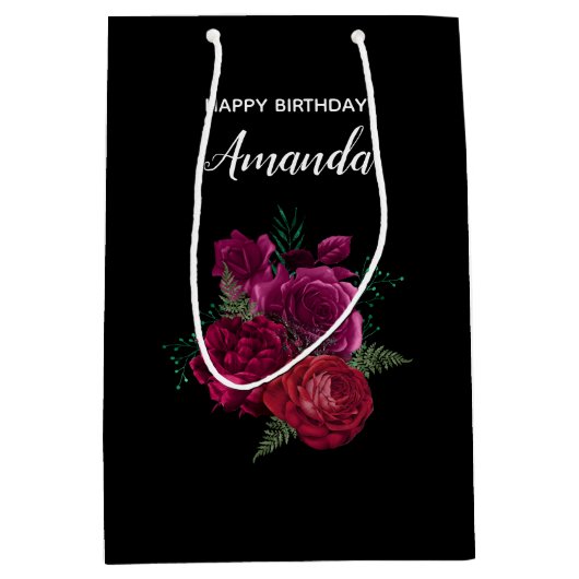 Elegant Magenta Roos Floral Bouquet Birthday Medium Cadeauzakje (Voorkant)