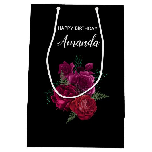 Elegant Magenta Roos Floral Bouquet Birthday Medium Cadeauzakje (Achterkant)