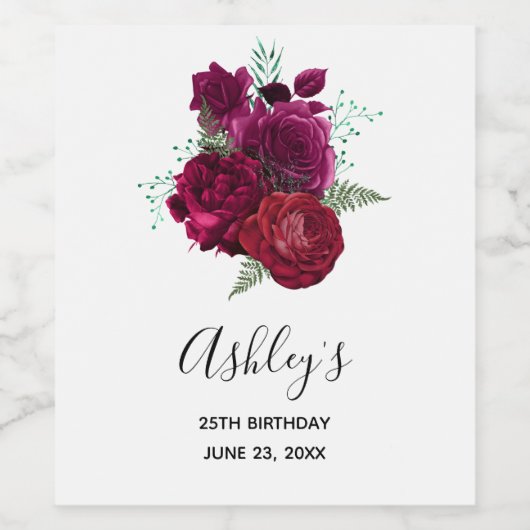 Elegant Magenta Roos Floral Bouquet Birthday Wijn Etiket (Enkel label)
