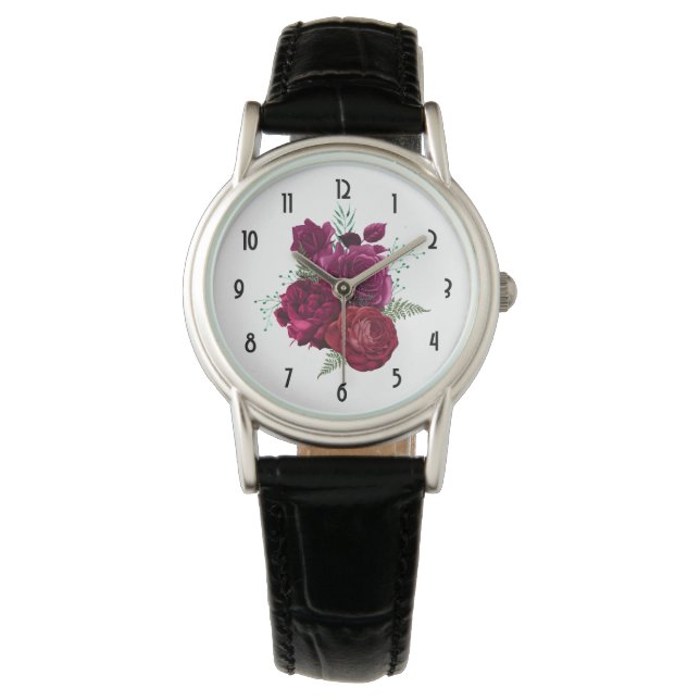 Elegant Magenta Roos Floral Bouquet Horloge (Voorkant)