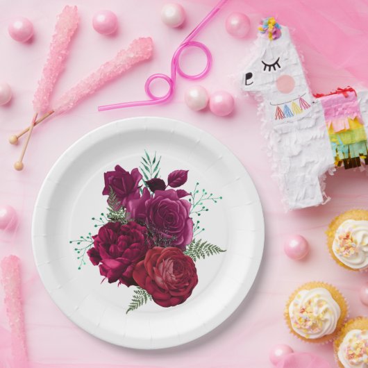 Elegant Magenta Roos Floral Bouquet Papieren Bordje (Feest)