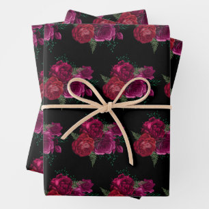 Elegant Magenta Roos Floral Bouquet Pattern Inpakpapier Vel