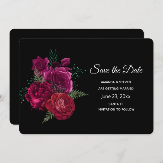 Elegant Magenta Roos Floral Bouquet Save The Date (Voorkant / Achterkant)