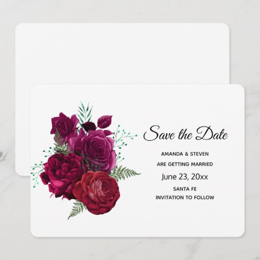 Elegant Magenta Roos Floral Bouquet Save The Date (Voorkant / Achterkant)