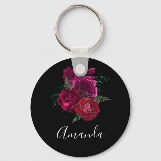 Elegant Magenta Roos Floral Bouquet Sleutelhanger (Voorkant)