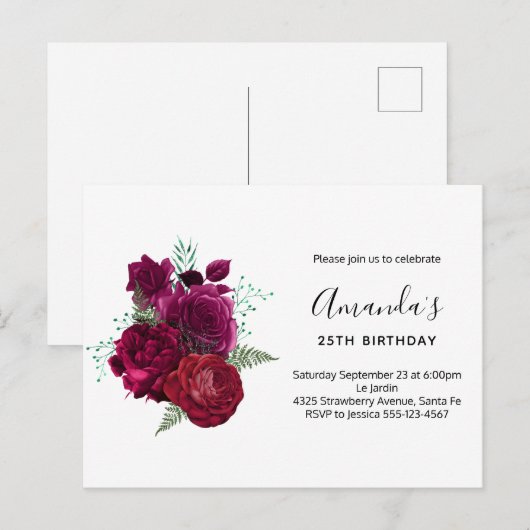Elegant Magenta Roos Floral Bouquet Uitnodiging Briefkaart (Voorkant / Achterkant)
