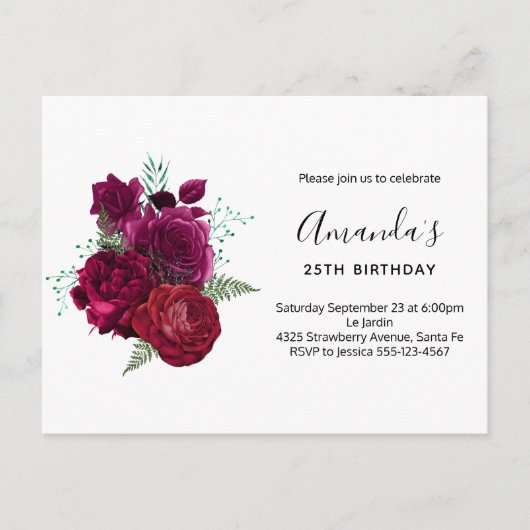 Elegant Magenta Roos Floral Bouquet Uitnodiging Briefkaart (Voorkant)