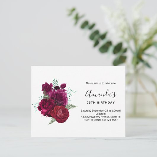 Elegant Magenta Roos Floral Bouquet Uitnodiging Briefkaart (Staand voorkant)
