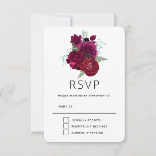 Elegant Magenta Roos Floral Bouquet Wedding RSVP Kaartje