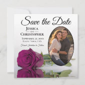 Elegant Magenta Roos op Witte Ovaal Fotobruiloft Save The Date (Voorkant)