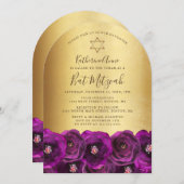 Elegant Magenta Rose Floral Gold Bat Mitzvah Kaart (Voorkant / Achterkant)