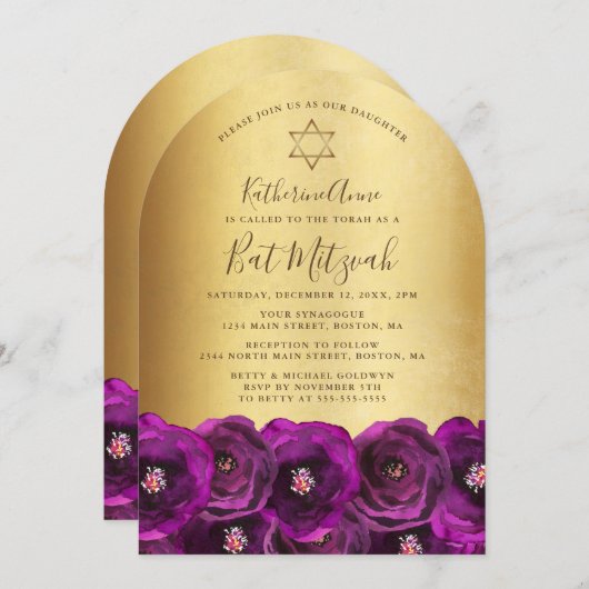 Elegant Magenta Rose Floral Gold Bat Mitzvah Kaart (Voorkant / Achterkant)