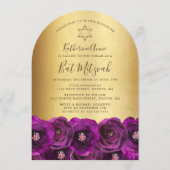 Elegant Magenta Rose Floral Gold Bat Mitzvah Kaart (Voorkant)