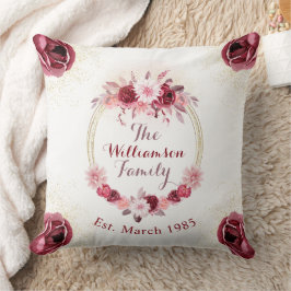 Elegant Magenta Roze Bloemen Monogram Script Kussen