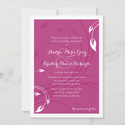 Elegant Magenta White Floral Wedding Invitation Kaart (Voorkant)