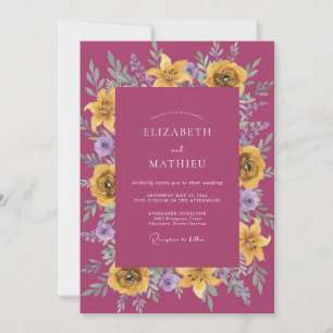 Elegant Magentarode Gele Wilde Bloemen Bruiloft Kaart
