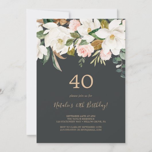 Elegant Magnolia | 40e verjaardag zwart-wit Kaart (Voorkant)