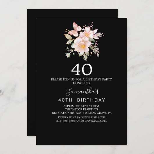 Elegant Magnolia | 40e verjaardag zwart-wit Kaart (Voorkant / Achterkant)