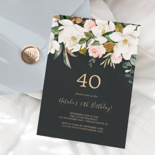 Elegant Magnolia 40e verjaardag zwart-wit Kaart