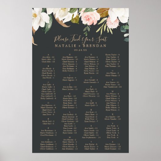 Elegant Magnolia Black Alfabetical Seat Chart Poster (Voorkant)