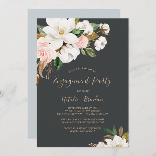Elegant Magnolia Black and White Engagement Party Kaart (Voorkant / Achterkant)