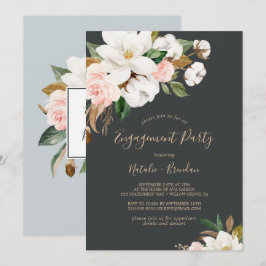 Elegant Magnolia Black and White Engagement Party Kaart