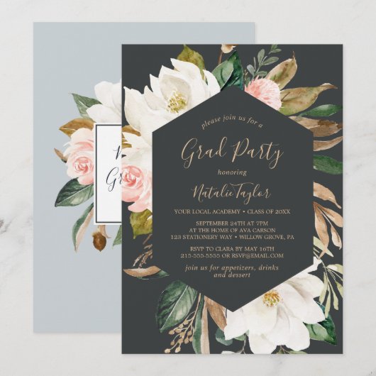 Elegant Magnolia Black and White Graduparty Kaart (Voorkant / Achterkant)