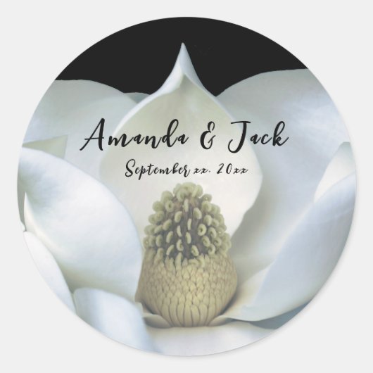 Elegant Magnolia Black and White Wedding Ronde Sticker (Voorkant)
