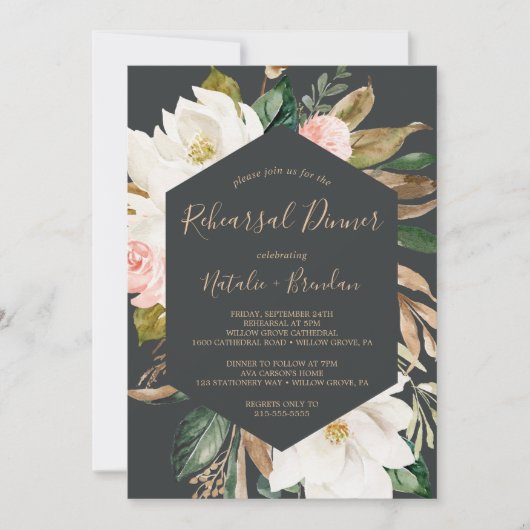 Elegant Magnolia Black en White Rehearsal Dinner Kaart (Voorkant)