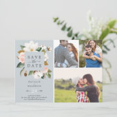 Elegant Magnolia | Blauw grijs 3 Foto-collage Save The Date (Staand voorkant)