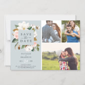 Elegant Magnolia | Blauw grijs 3 Foto Opslaan datu Magnetische Uitnodiging (Voorkant)