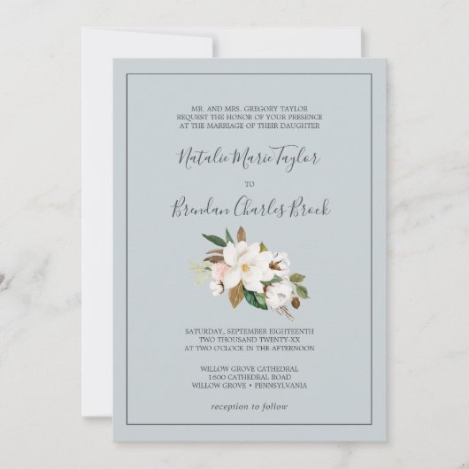 Elegant Magnolia | Blauw grijs formeel huwelijk Kaart (Voorkant)